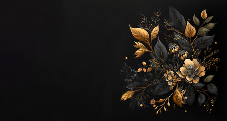 A watercolor painting of flowers on a black background, black and gold color flowers, Generative AI