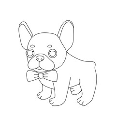 Outline cartoon funny french dog for coloring book. Cute puppy with bow tie