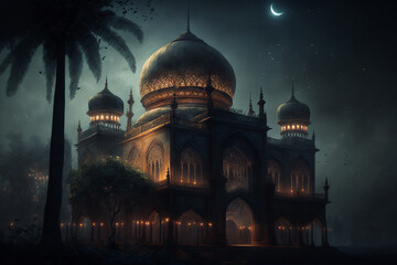 Fototapeta premium A painting of a mosque at night with beautiful sky, Generative AI