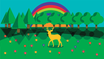 Obraz na płótnie Canvas Venado en un campo de flores con bosque y arcoíris de fondo. Concepto de Primavera