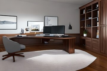 Oficina con limpia y minimalista con librero