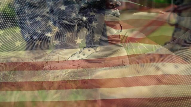 A composite of military boots while american flags waving in the background