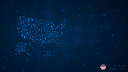 Fototapeta na wymiar Map of United States of America modern design with polygonal shapes on dark blue background. Business wireframe mesh spheres from flying debris. Blue structure style vector illustration concept