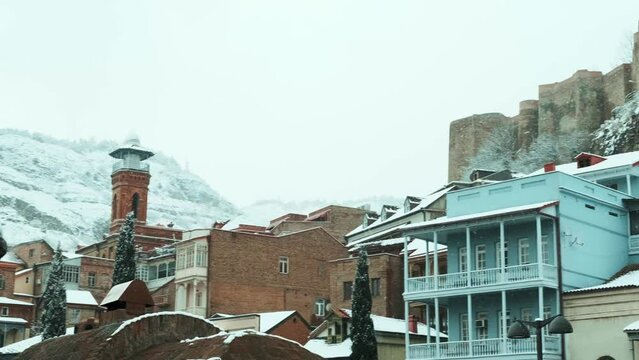Tbilisi old town, Georgia, winter city, Castle on the mountain, Narikala Fortress, snowfall, Caucasus, Tbilisi Central Mosque, sulfur baths