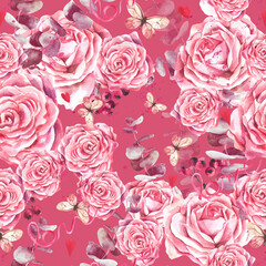 seamless pattern of roses, butterflies, ribbons and hearts on a magenta background. Watercolor illustration.