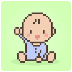 8-bit pixel baby is sitting. Cute baby vector illustration