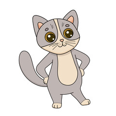 Hand drawn vector illustration character cat. Funny flat cartoon kitty isolated on white