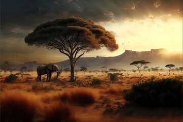 Breathtaking Savanna: A Beautiful Artistic Designer Illustration of a Stunning African Grasslands Wallpaper Background with Wildlife Animals, Nature's Beauty, Breathtaking Sceneries (generative AI)