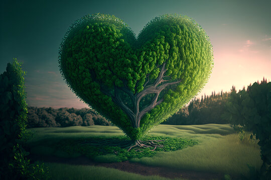 A green heart shaped tree in a field, Valentine's day concept, Generative AI