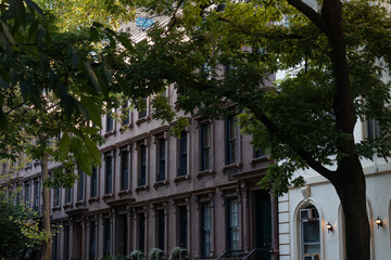 Row of Beautiful Old Brownstone Homes with Green Trees on the Upper East Side of New York City during Summer