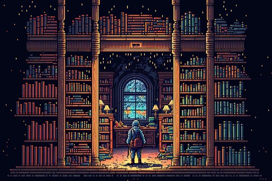Pixel art old library, book library, background in retro style for bit game, Generative AI