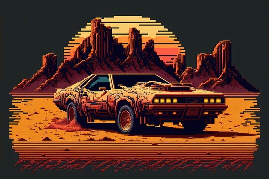 Pixel art old car, background in retro style for 8 bit game, Generative AI