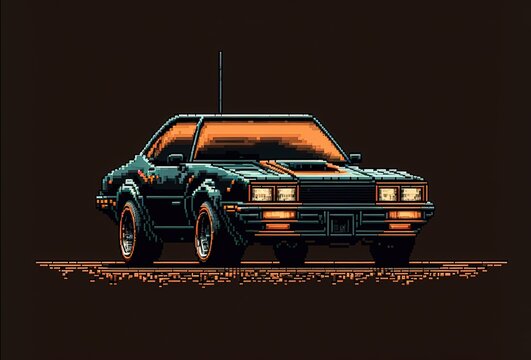 Pixel art old car, background in retro style for 8 bit game, Generative AI