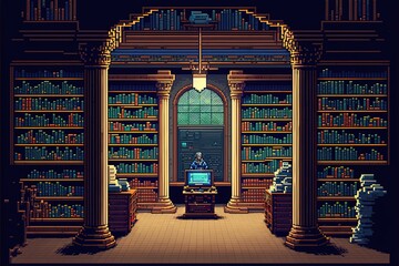 Pixel art old library, book library, background in retro style for bit game, Generative AI