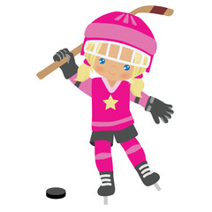 Cute girl hockey player vector cartoon illustration