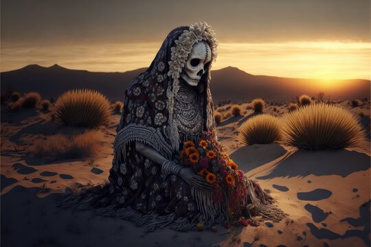 La llorona, La Santa Muerte. Mexican Skull adorned with flowers. This image was created with generative AI