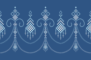 Indigo navy blue geometric traditional ethnic pattern Ikat seamless pattern border abstract design for fabric print cloth dress carpet curtains and sarong Aztec African Indian Indonesian 