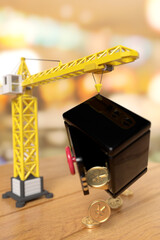 A construction crane with a bank safe from which coins with the Yen of Yuan sign are pouring. 3d background with empty space for text on the topic of construction and housing costs. Budget overrun.