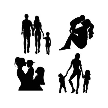 Family photo on silhouette style illustration vector mom and son, mom and daughter, brother and sister template editable