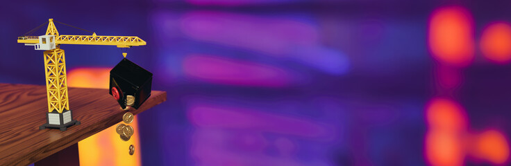 A construction crane with a bank safe from which coins with the Yen of Yuan sign are pouring. 3d background with empty space for text on the topic of construction and housing costs. Budget overrun.