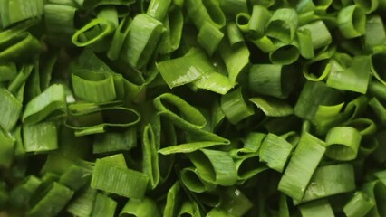 Close up shot of fresh, washed, sliced leek or spring onion, or scallion