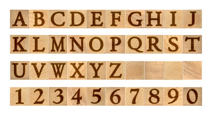 切り抜きで使える焼き印風、木製アルファベットと数字のセリフフォント