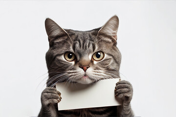 Illustration of a cute and funny cat holding a sign. Text space. Generative ai