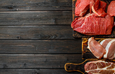 Raw meat. Different kinds of pork and beef meat.