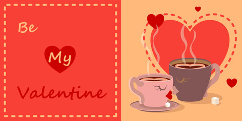 Valentine vector greeting card with coffee cups and hearts