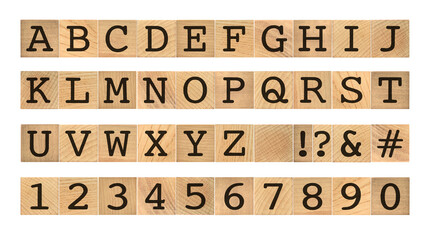 切り抜きで使える、木製アルファベットと数字のタイプライターフォント
