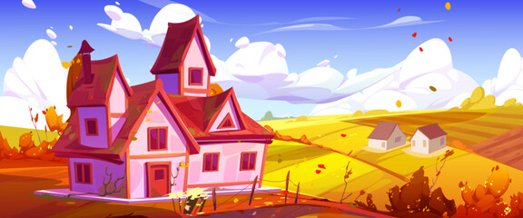 Fototapeta na wymiar Autumn countryside with house, farm buildings, yellow field under blue sunny sky. Vector cartoon illustration of rural landscape in fall, farmland under crops, golden foliage from trees flying in air