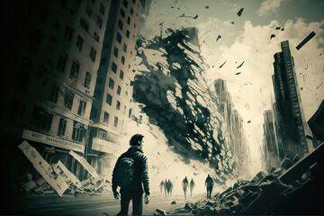 A man on earthquake-devastated metropolis with scared onlookers racing through the streets, digital art style, illustration painting, generative ai