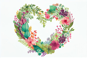 illustration of watercolor spring flower heart shape frame with text space . AI