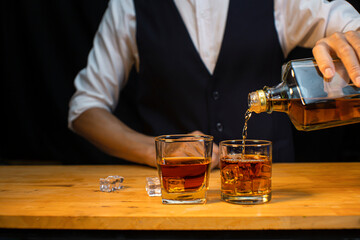 Bartender Serve Whiskey, on wood bar, 