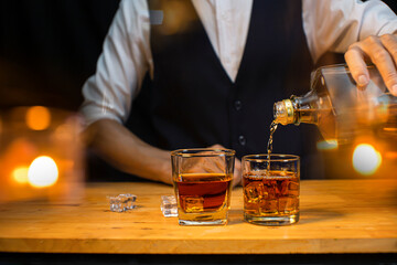 Bartender Serve Whiskey, on wood bar, 