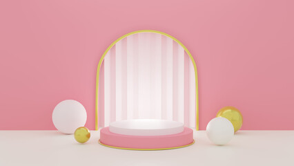 3D Podium Product with pink background, realistic 3d cylinder stand podium in arch window. Vector abstract studio room with geometric platform. Minimal wall scene for products showcase