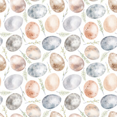 Watercolor hand drawn Easter seamless pattern with illustration of bird eggs, hen, quail eggs, decorative branches. Beautiful spring elements isolated on white background. Holiday natural wallpaper.