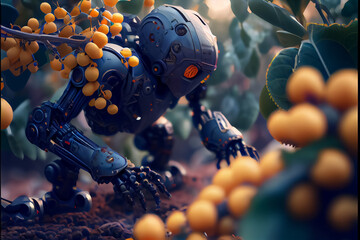 illustration of robotic computer intelligence fermer harvesting oranges . ai