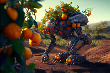 illustration of robotic computer intelligence fermer harvesting oranges . ai