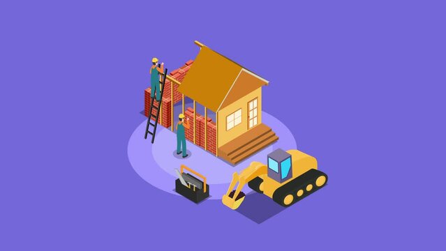 Building work process with houses and construction machines