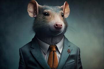 Corruptor represented by a portrait of a rat wearing a suit, generative ai
