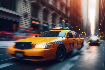 Fototapeta na wymiar illustration of motion blur yellow taxi cabs in city . AI