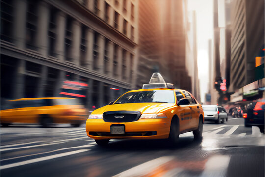 illustration of motion blur yellow taxi cabs in city . AI © terra.incognita