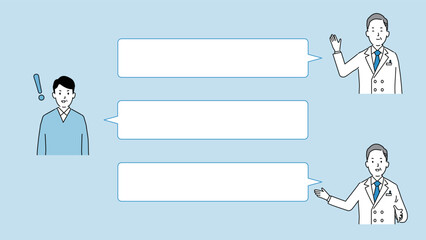 Q&Aのイメージイラストとレイアウト2、中高年とベテラン医師の2人、ベクター