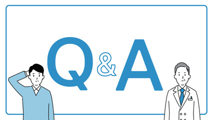Q&Aのテンプレートデザイン（タイトル）、中高年とベテラン医師の2人、ベクター