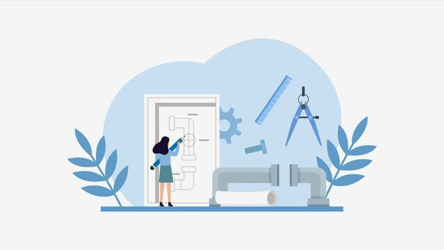 Female engineer pipeline design and creation 2d animation