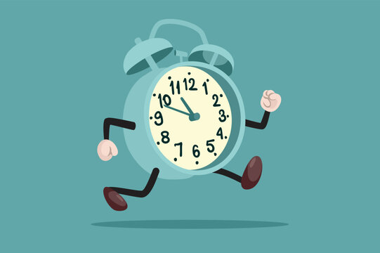 Anthropomorphic Cartoon Clock Running Away Vector Concept Illustration. Funny retro alarm clock character being late and busy
