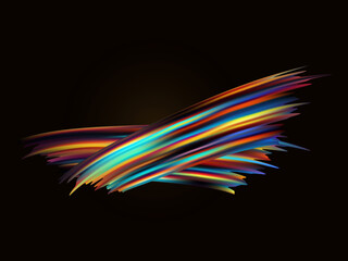 Rainbow brush stroke 3d. Splash of multicolored wave of paint. Splashes of watercolor, acrylic ink. Colored iridescent brushstroke, curved. Bright wavy liquid paint shape. Vector illustration.