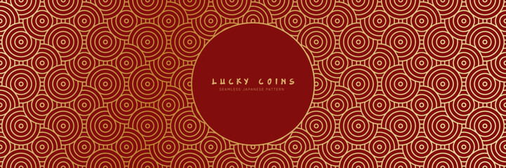 Luxury seamless pattern in geometric traditional style. festive wallpaper with golden lucky coins money for  celebration decoration. Rich red and golden chinese lunar new year asian vector motif. 