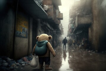 Homeless and hopeless teddy bear in dirty city slums alone in the rain and emotionally broken; forgotten, unloved and lost with no friends - Generative AI illustration.	